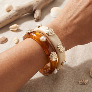Pearl & Shell Stud Marble Resin Bangle Bracelet Set