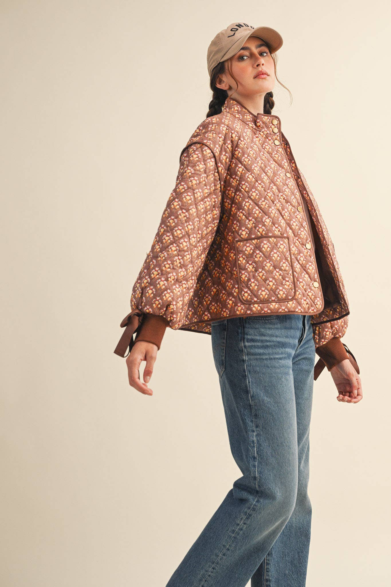 Floral Quilted Jacket Ribbon Sleeve