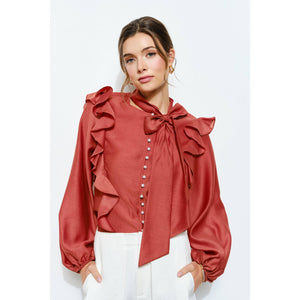 Soft Wool Blouse with Bow Tie & Pearl Buttons