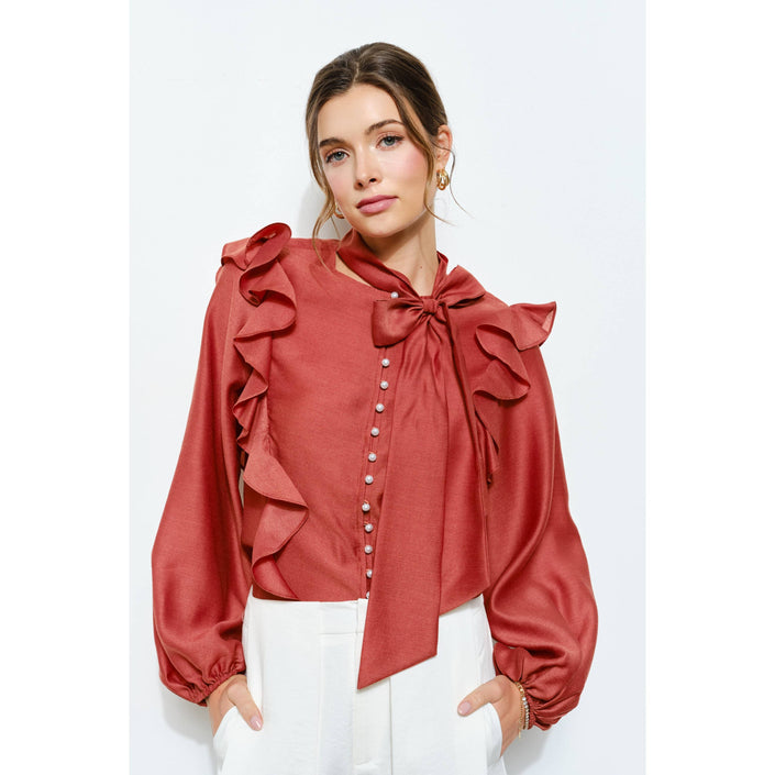 Soft Wool Blouse with Bow Tie & Pearl Buttons