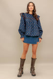Navy Printed Ruffle Blouse
