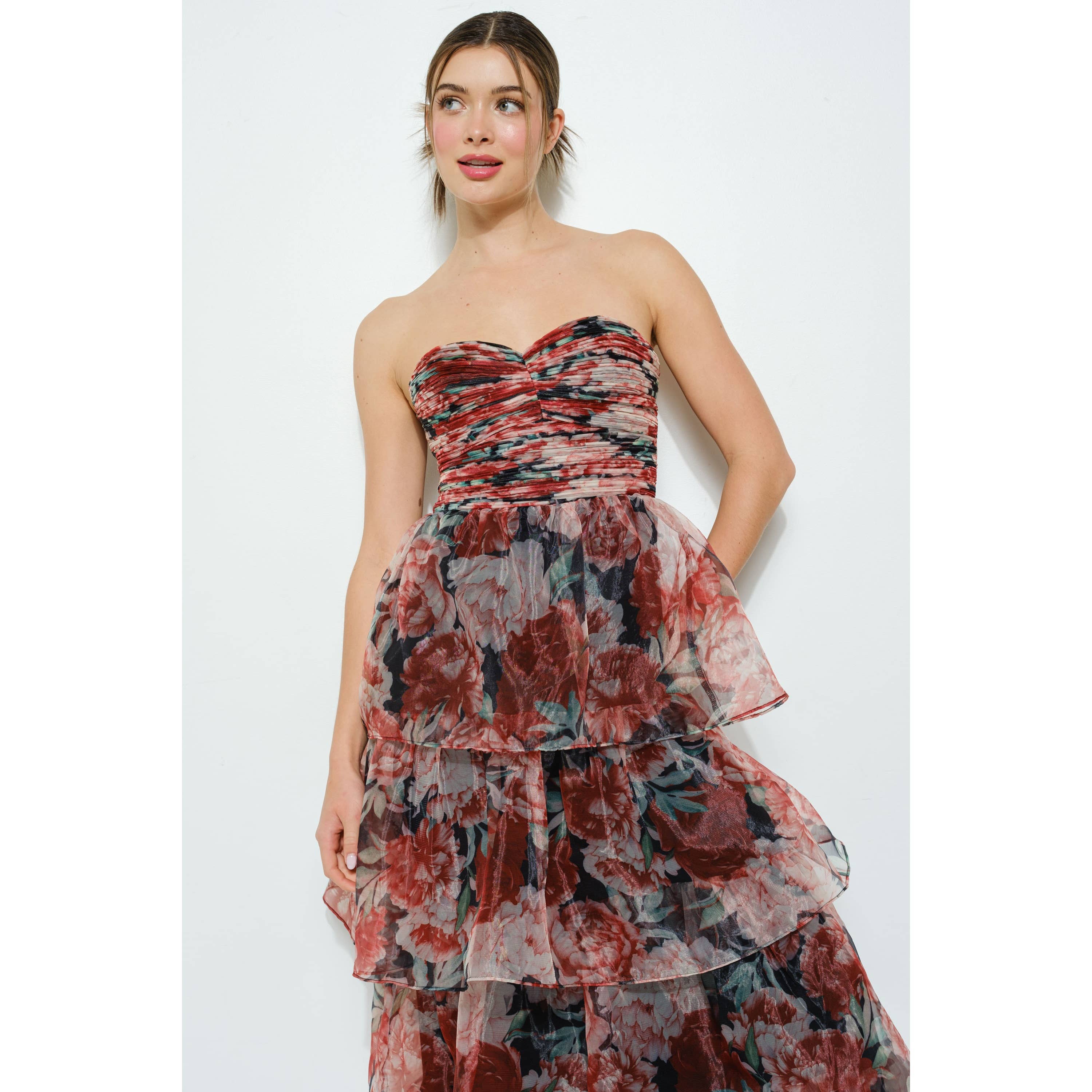 Floral-Tiered Strapless Maxi Dress