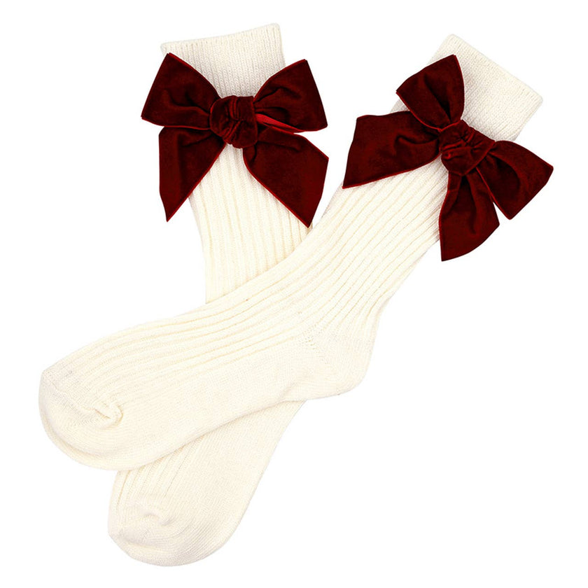 Ivory & Burgundy Velvet-Bow Cotton Socks