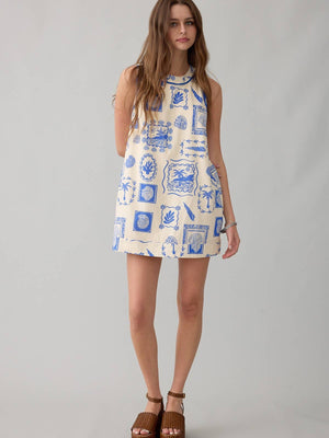 Printed Mini Shift Dress with Trim