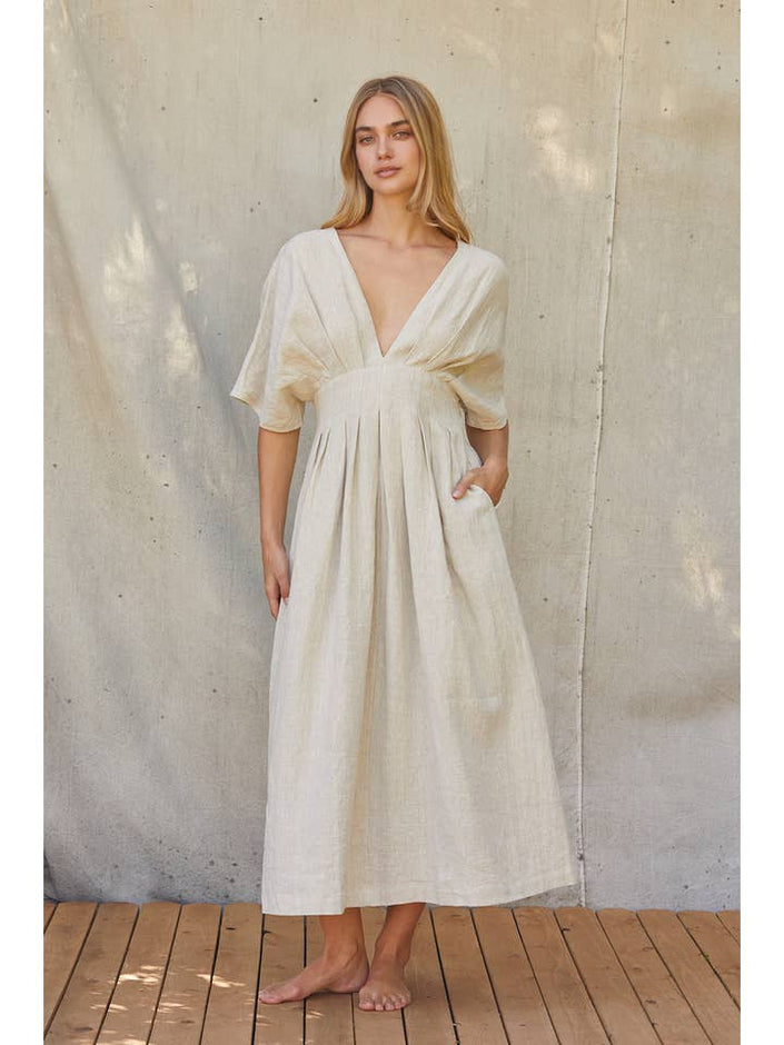 Amiee Pleated Linen Midi Dress