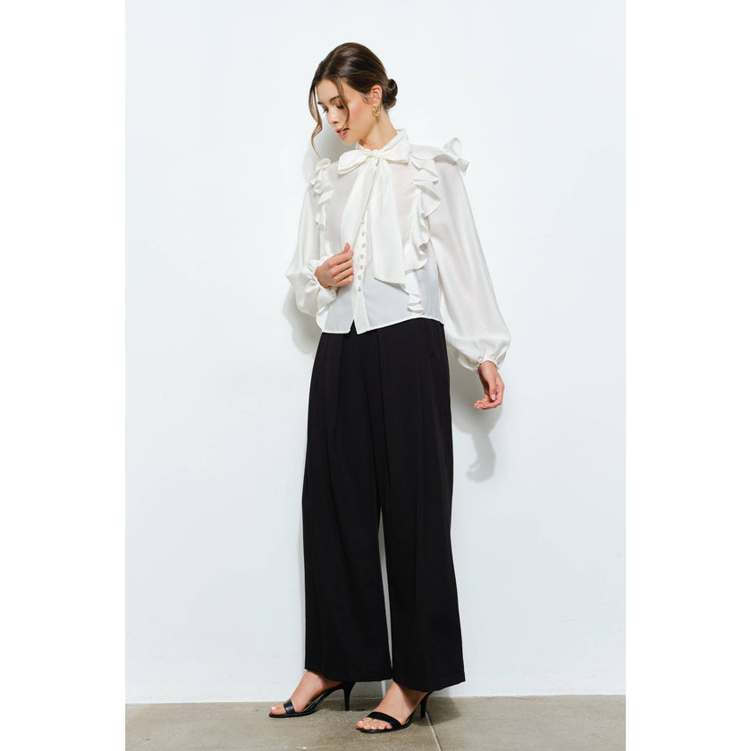 Soft Wool Blouse with Bow Tie & Pearl Buttons