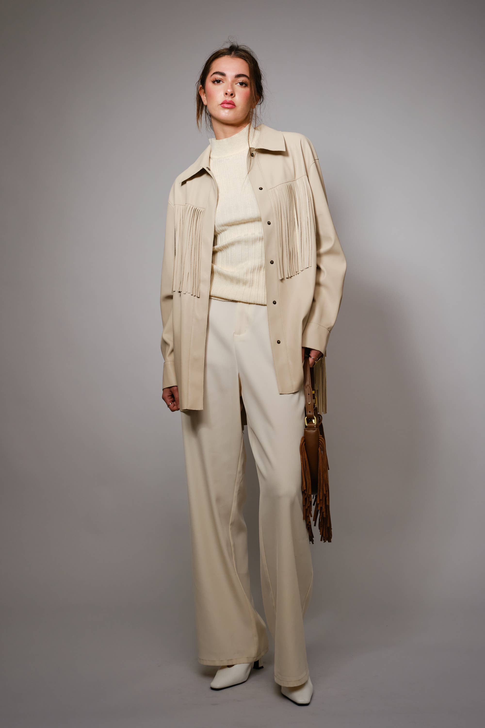 Fringe Trim Faux Leather Snap Jacket