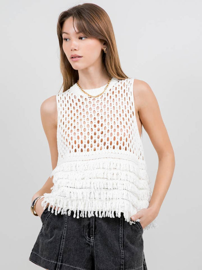 Knitted Fringe Sleeveless Sweater | White
