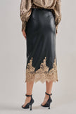 Faux Leather Midi Skirt with Lace Hem
