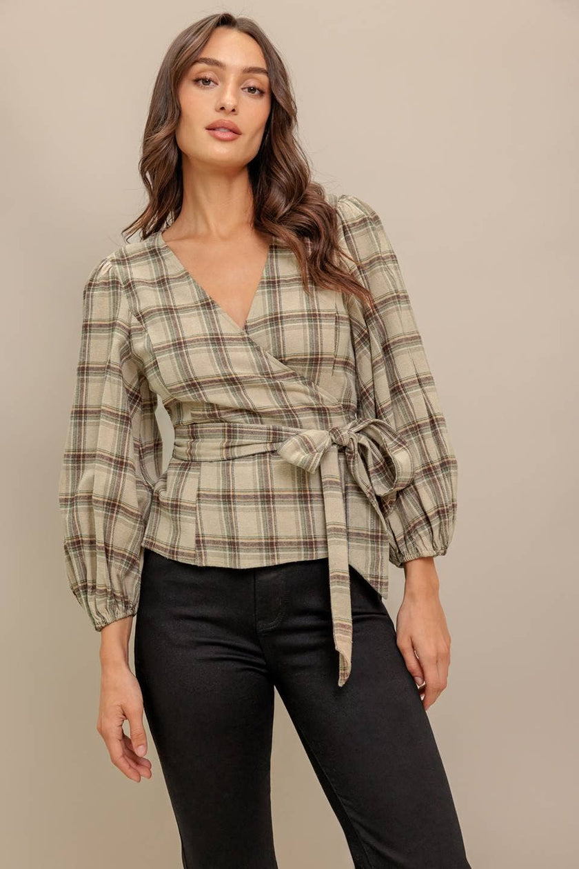 Plaid Flannel Wrap Blouse