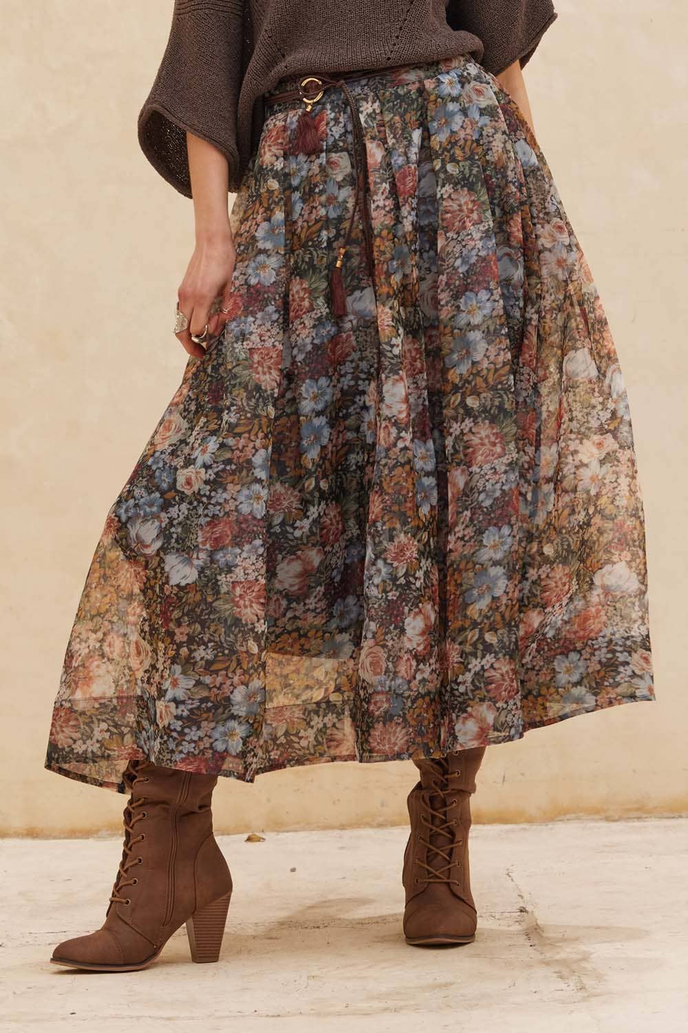 Floral-Print Organza Pleated Midi Skirt