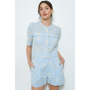 Cotton Embroidered Eyelet Cropped Button-Up Top & Short Set