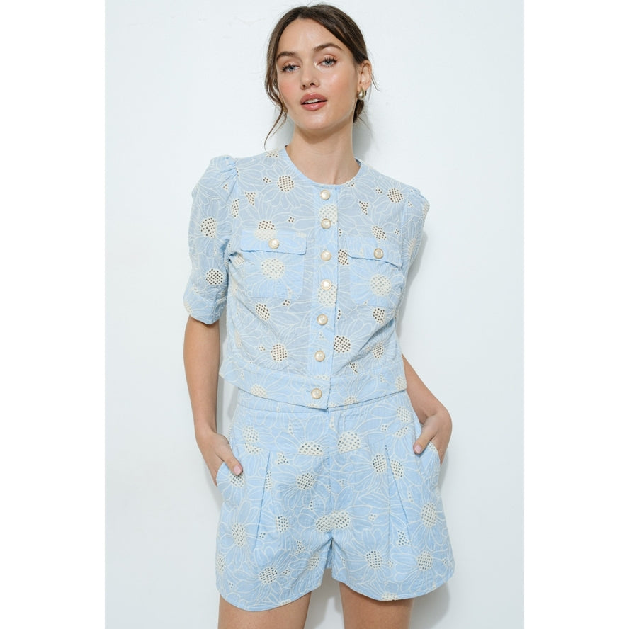 Cotton Embroidered Eyelet Cropped Button-Up Top & Short Set