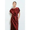 Burgundy Satin Side‑Knot Draped Midi Dress