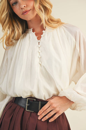 Balloon Sleeve Button Front Blouse