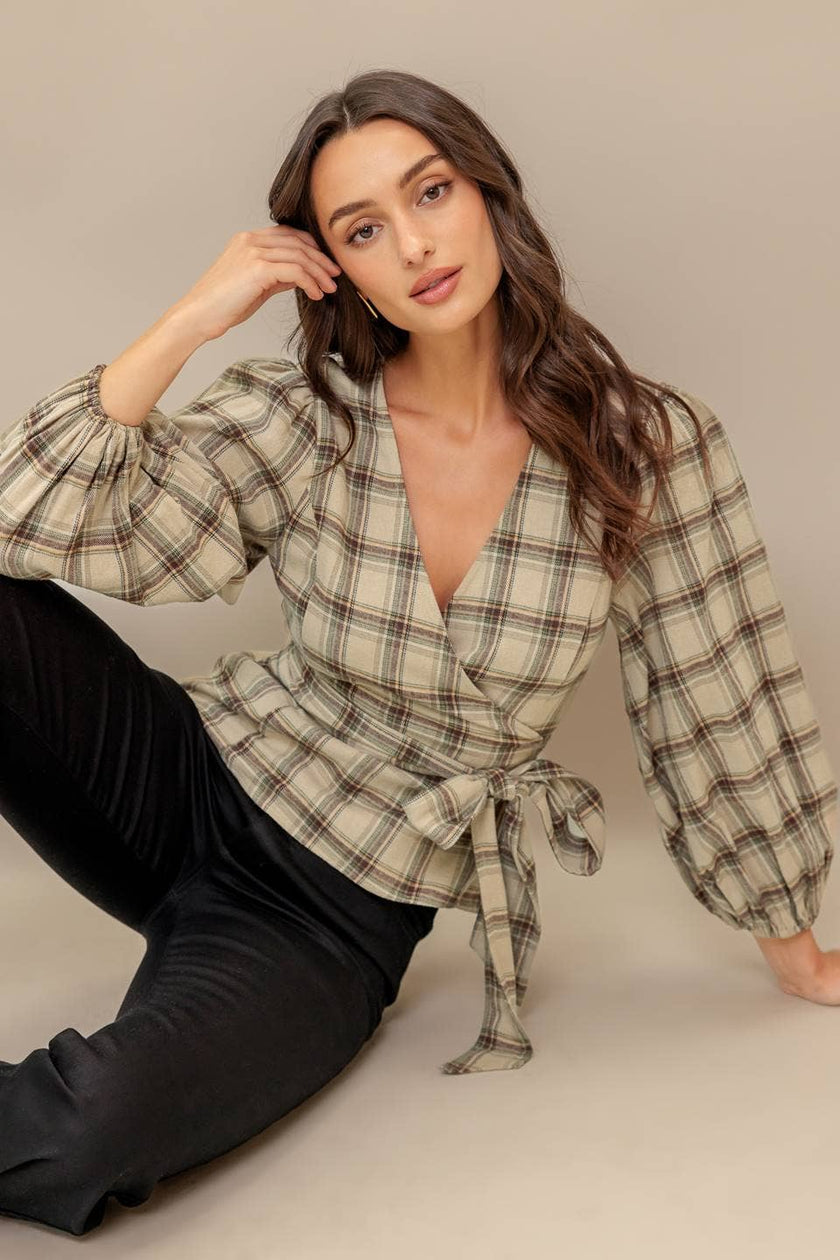 Plaid Flannel Wrap Blouse
