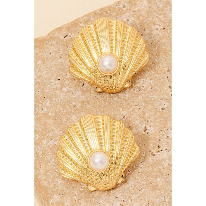 Pearl Stud Clam Shell Earrings