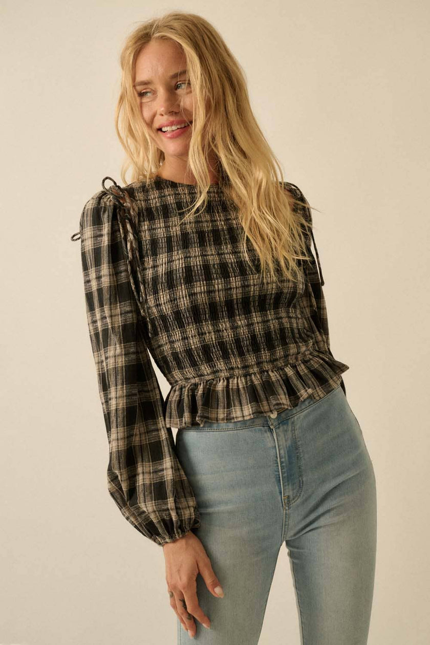 Plaid Flannel Smocked Balloon-Sleeve Cropped Top