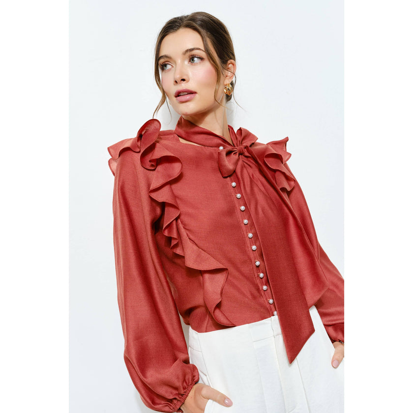 Soft Wool Blouse with Bow Tie & Pearl Buttons