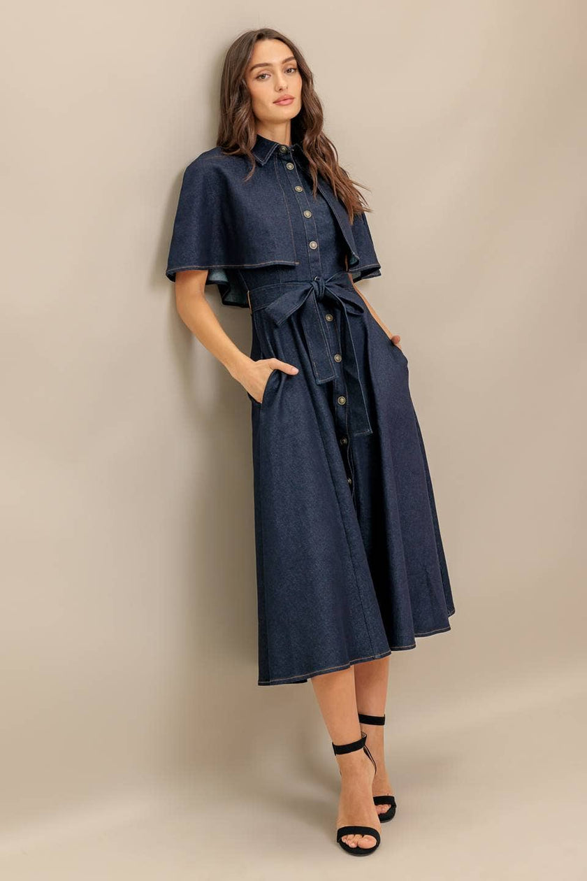 Denim Capelet Midi Dress