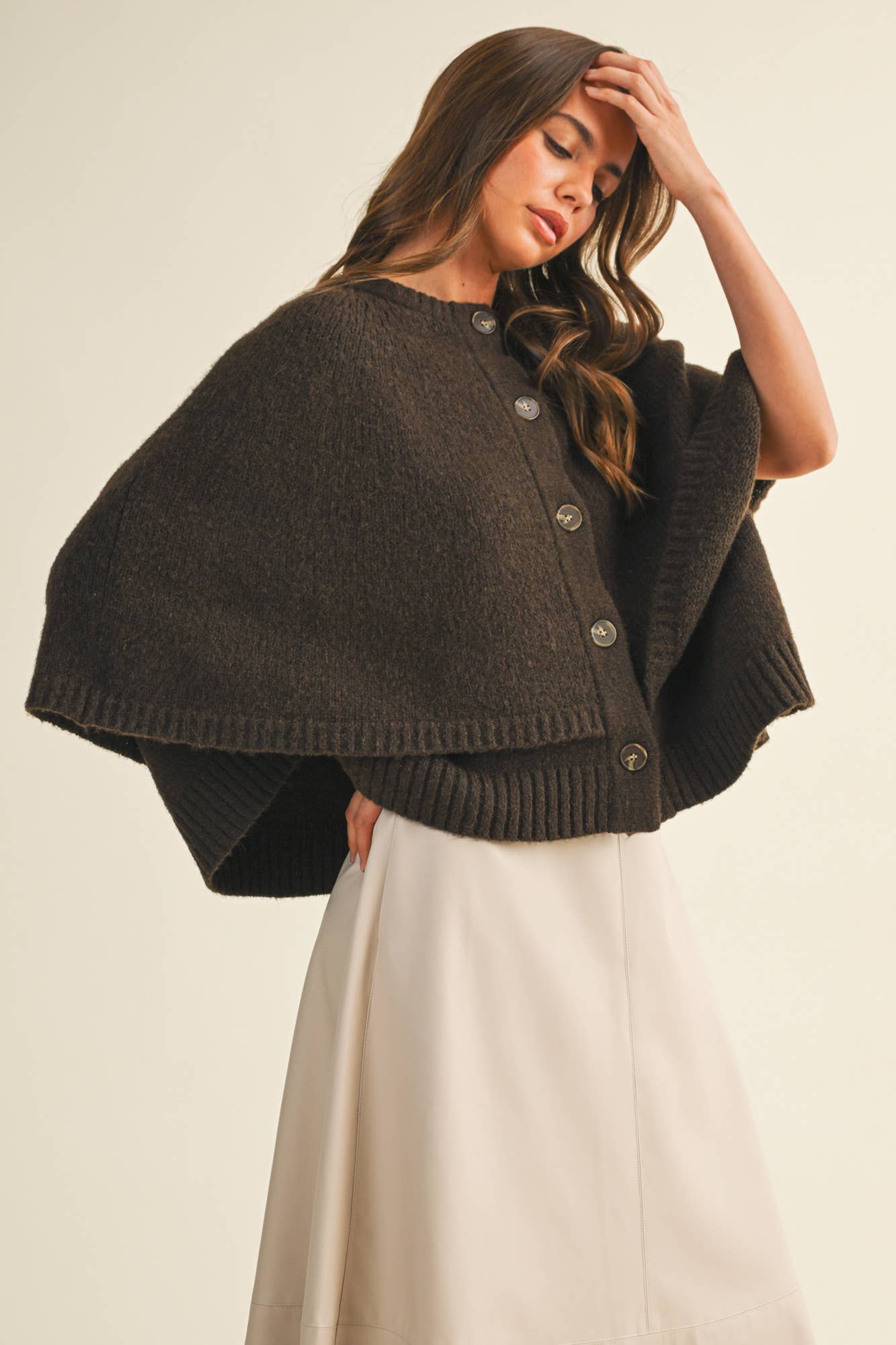 Button Closure Cape Cardigan | Espresso