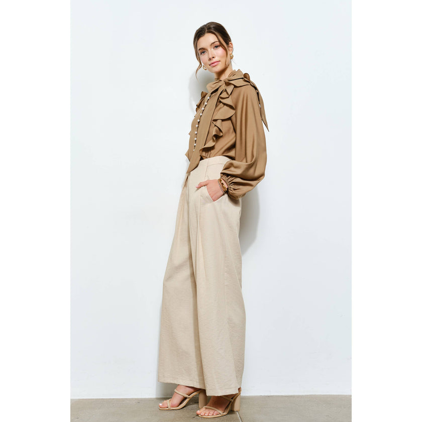 Soft Wool Blouse with Bow Tie & Pearl Buttons