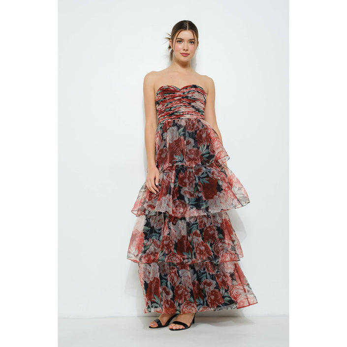 Floral-Tiered Strapless Maxi Dress