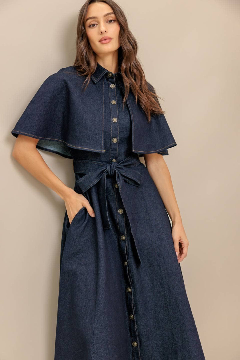 Denim Capelet Midi Dress