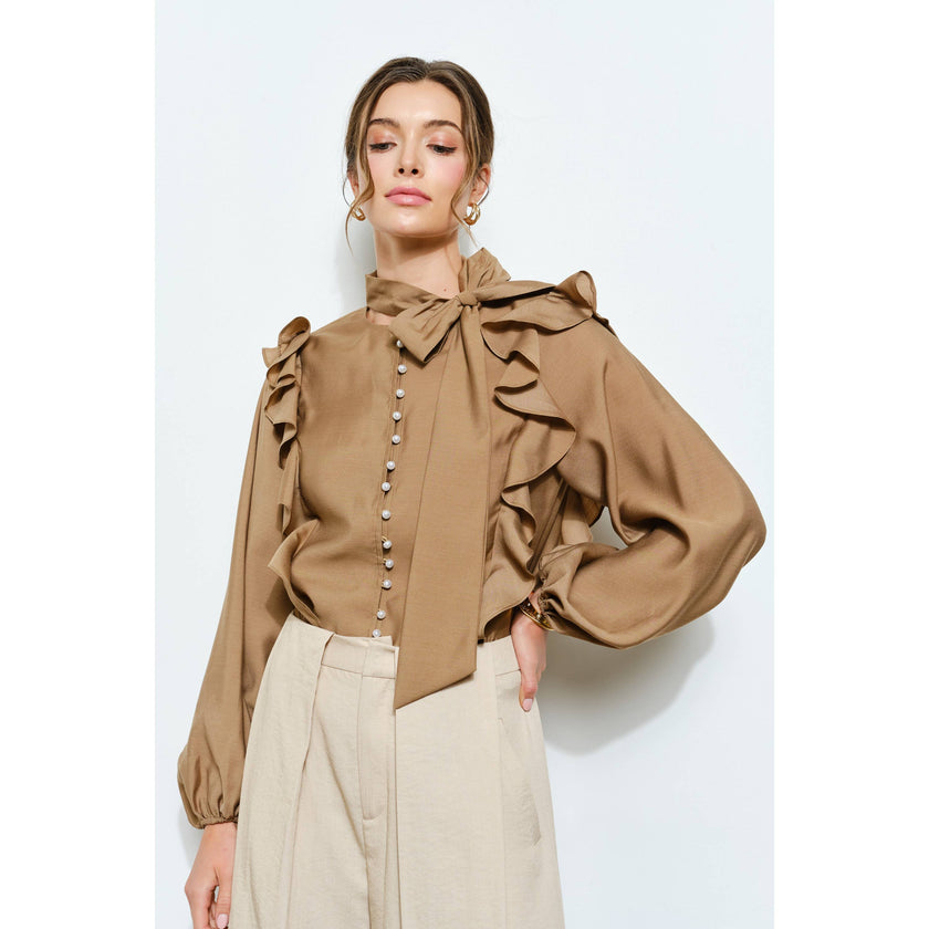 Soft Wool Blouse with Bow Tie & Pearl Buttons