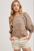 Lace Cutout Bottom Hem Bubble Sleeve Top