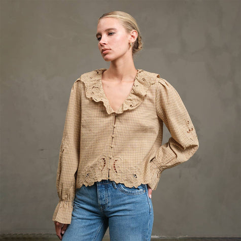 Ruffle Embroidered Check Blouse
