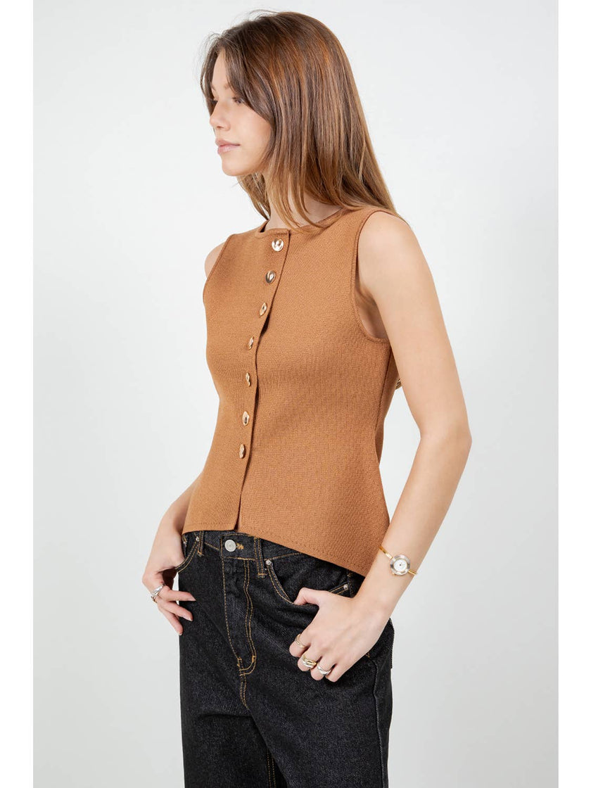 Fitted Knitdown Top with Accent Buttons | Camel