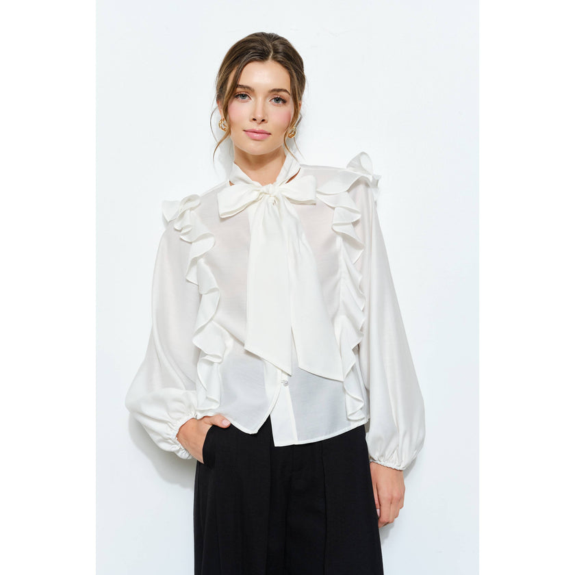 Soft Wool Blouse with Bow Tie & Pearl Buttons