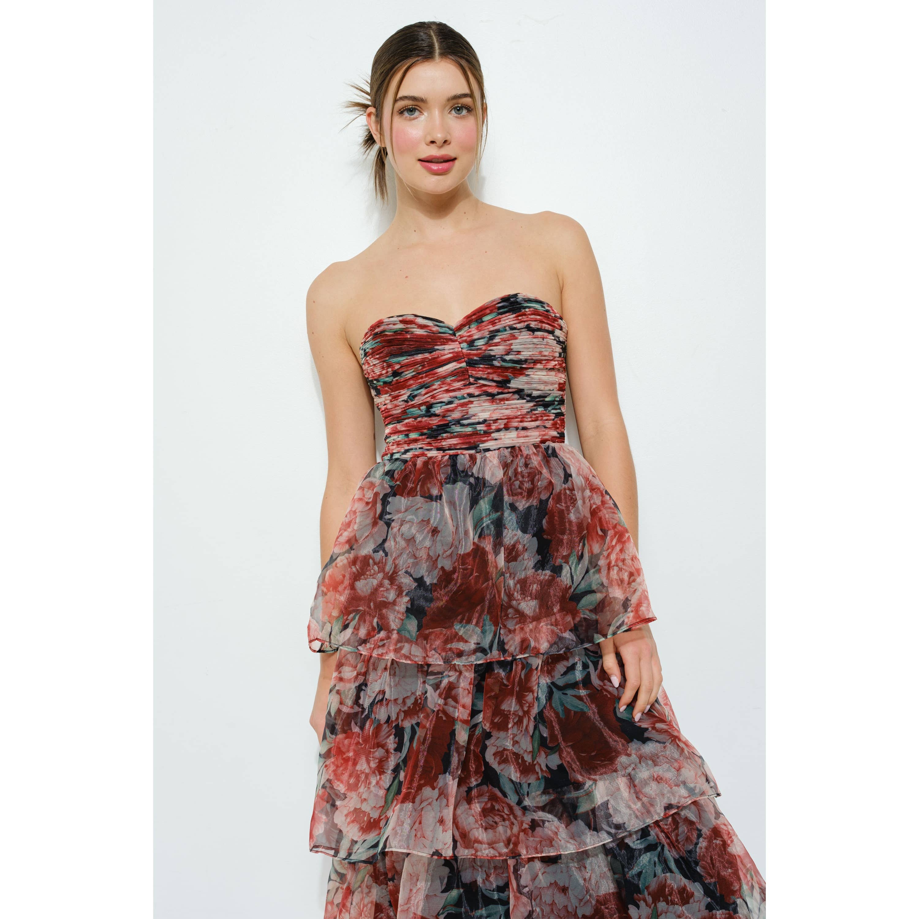 Floral-Tiered Strapless Maxi Dress