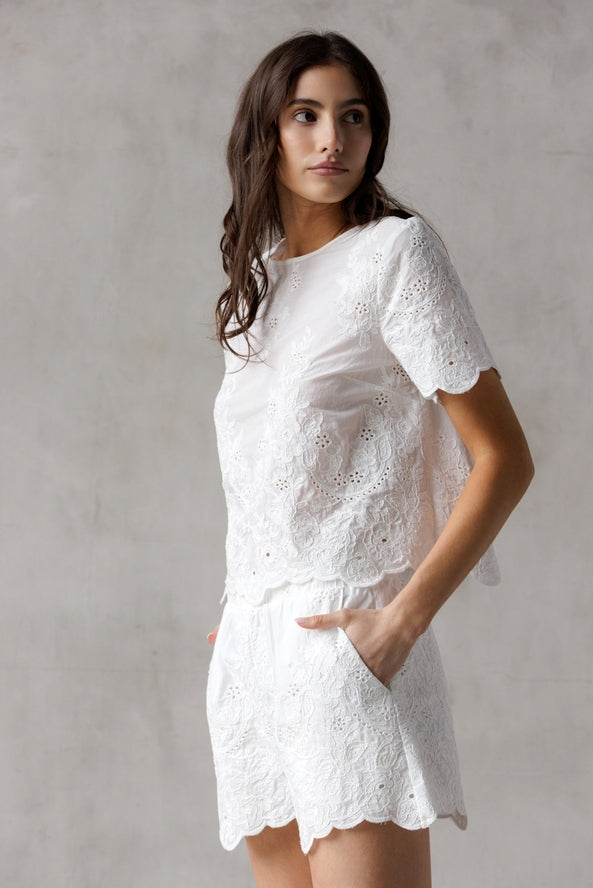 White Floral Embroidered Short Set
