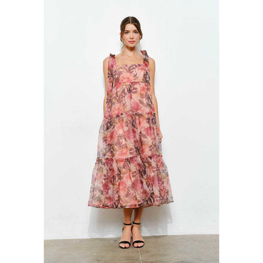 Organza Floral Printed Tiered Midi Dress | Pink