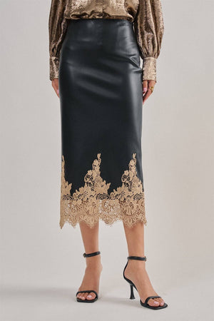 Faux Leather Midi Skirt with Lace Hem