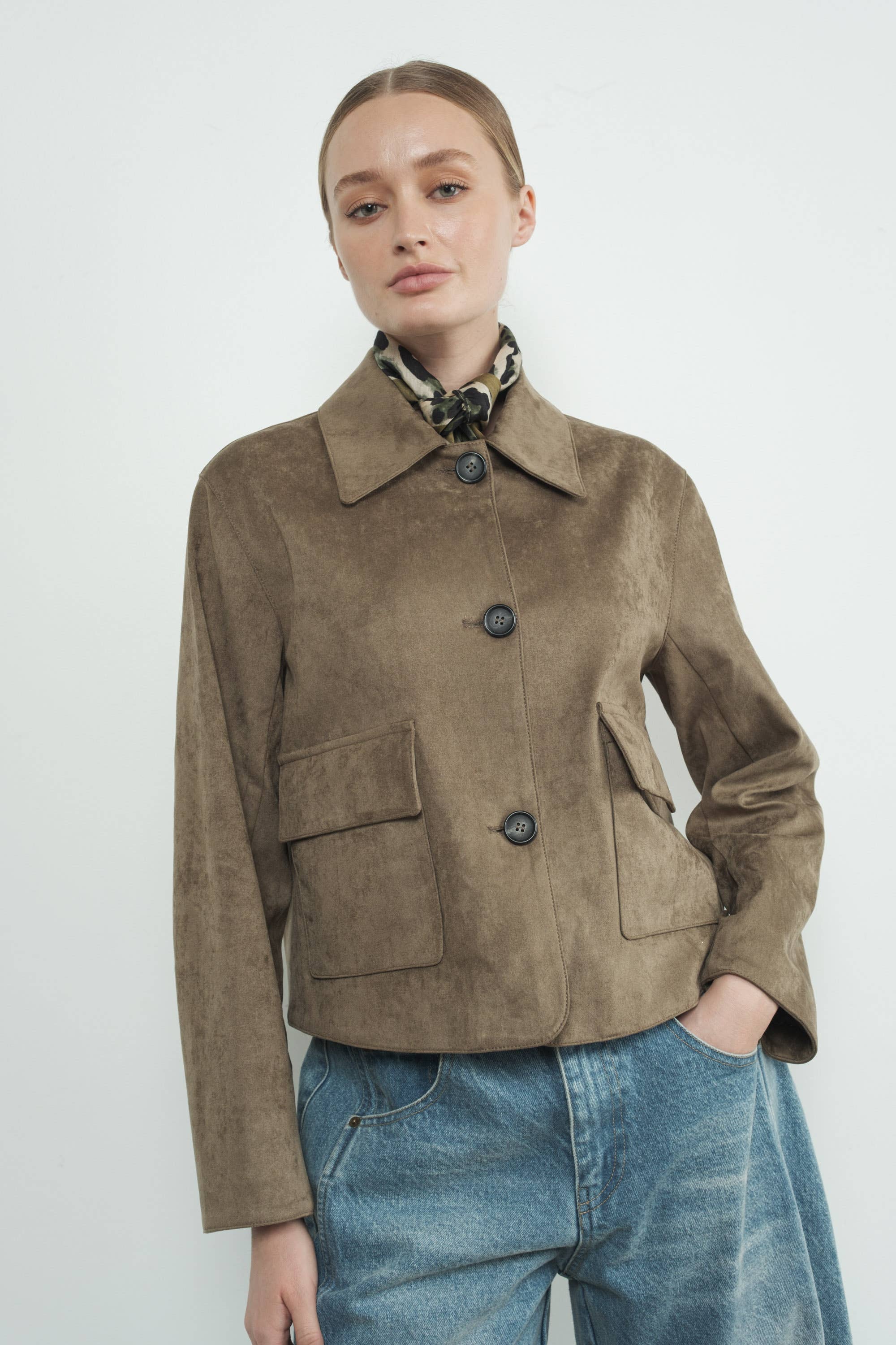 Faux Suede Collared Short Jacket