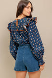 Navy Printed Ruffle Blouse