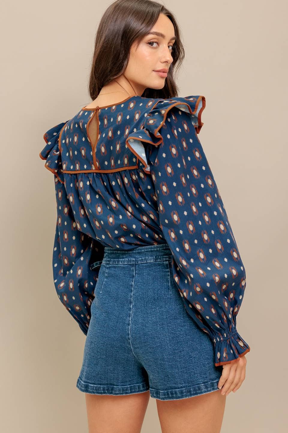 Navy Printed Ruffle Blouse