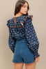 Navy Printed Ruffle Blouse
