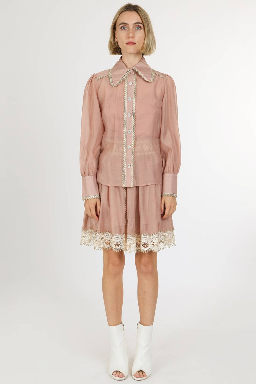 Lace Trim Detail Chiffon Shirt & Mini Skirt Set
