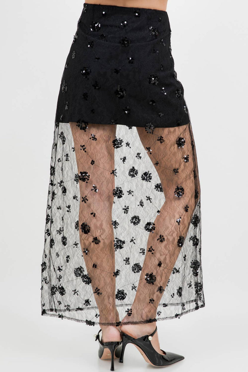Semi Sheer Sequined Lace Midi Skirt