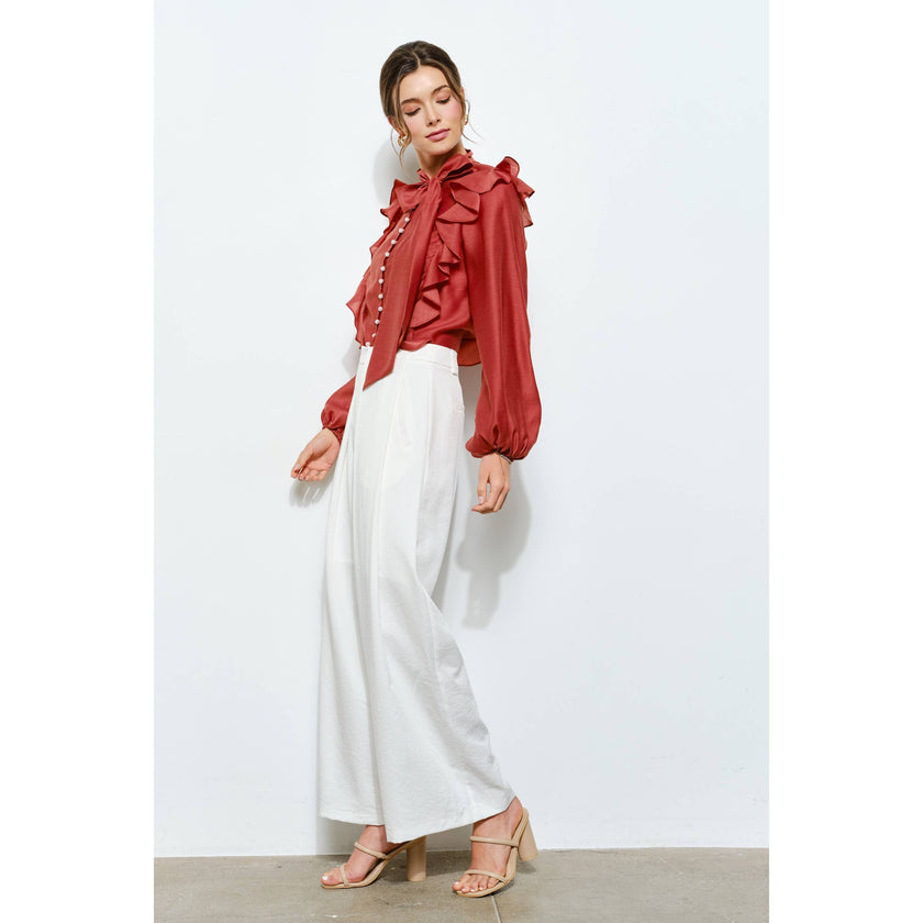 Soft Wool Blouse with Bow Tie & Pearl Buttons