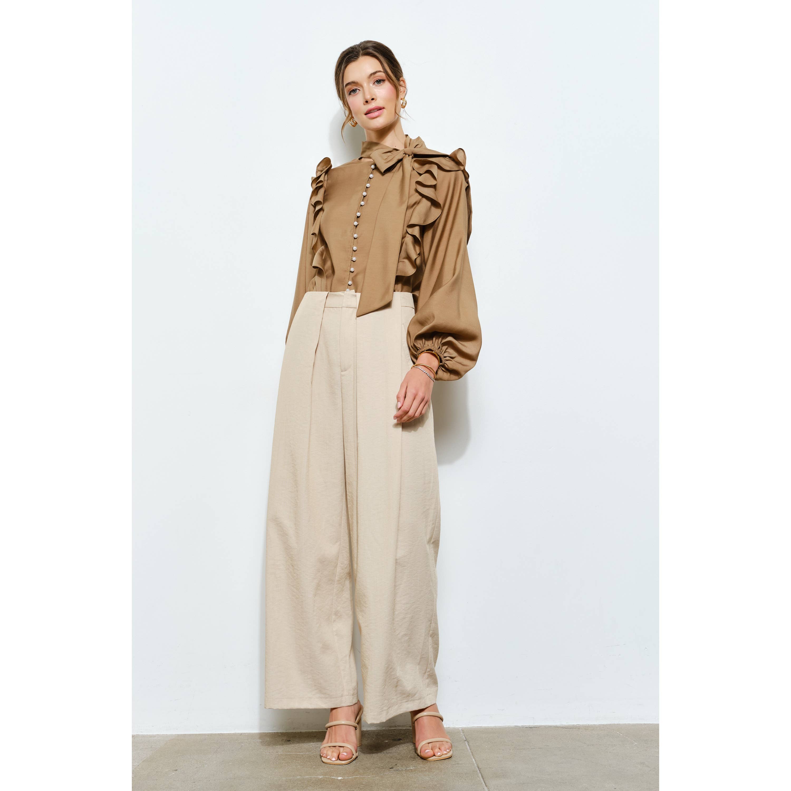 Soft Wool Blouse with Bow Tie & Pearl Buttons
