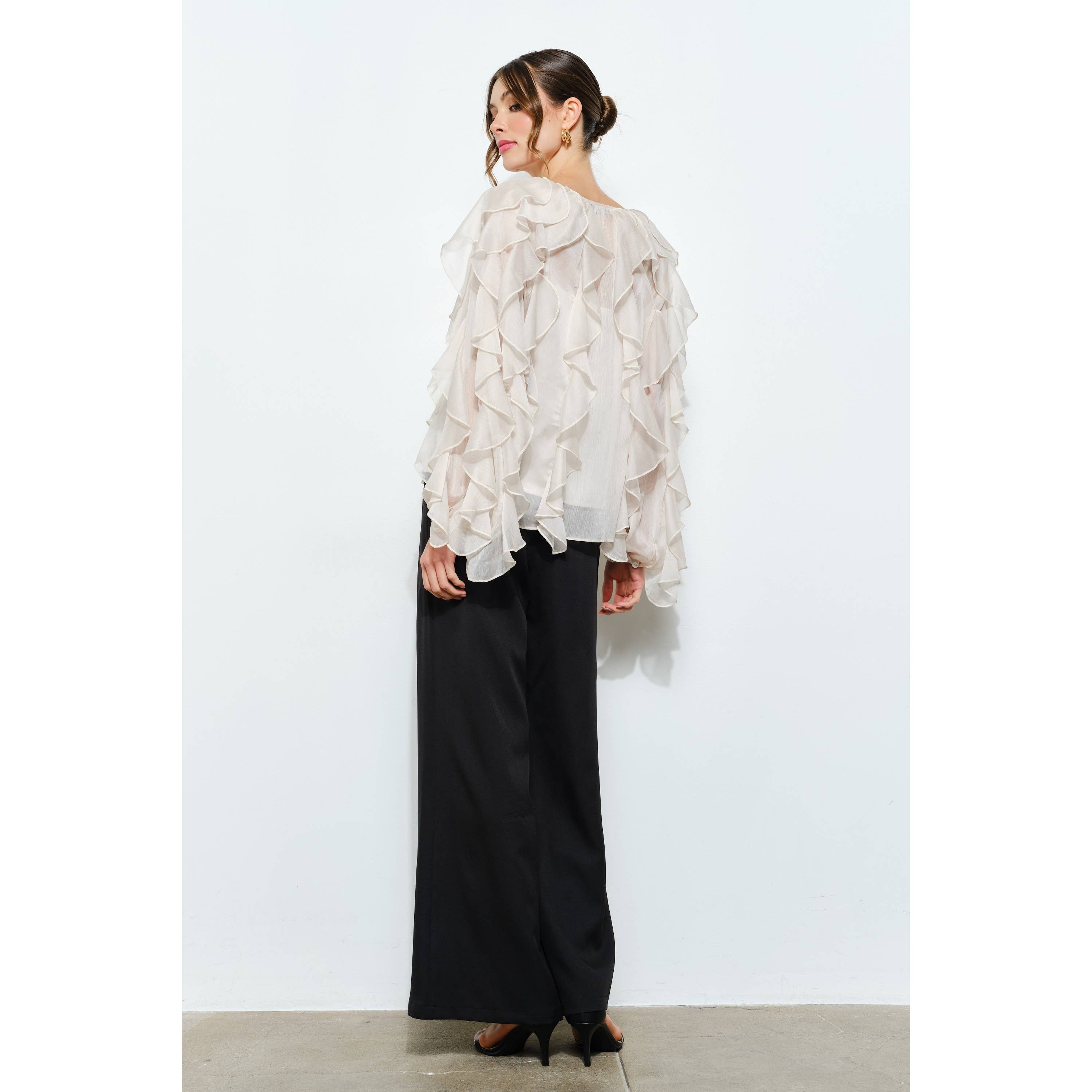 Layered Ruffle Sheer Chiffon Button-Up Blouse