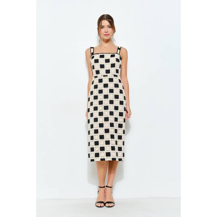 Sleeveless Square Lace Panel Midi Dress