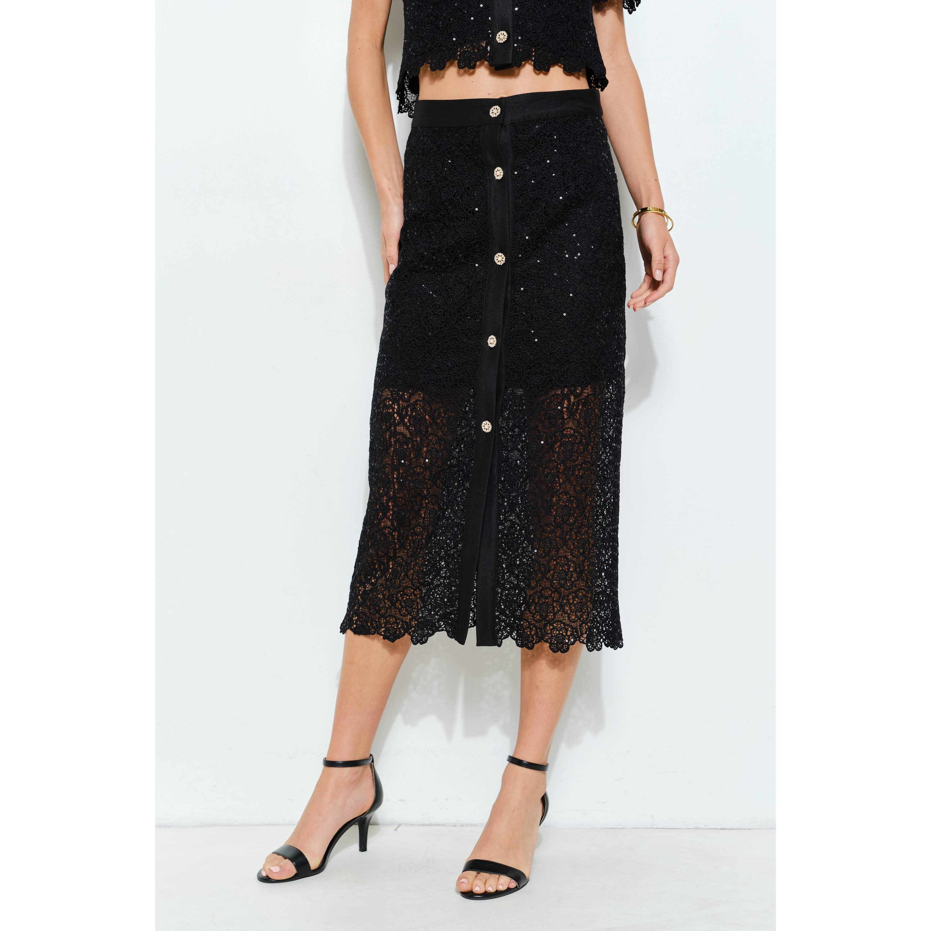 Floral Lace Button-Front Midi Skirt