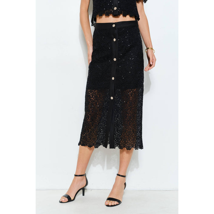 Floral Lace Button-Front Midi Skirt