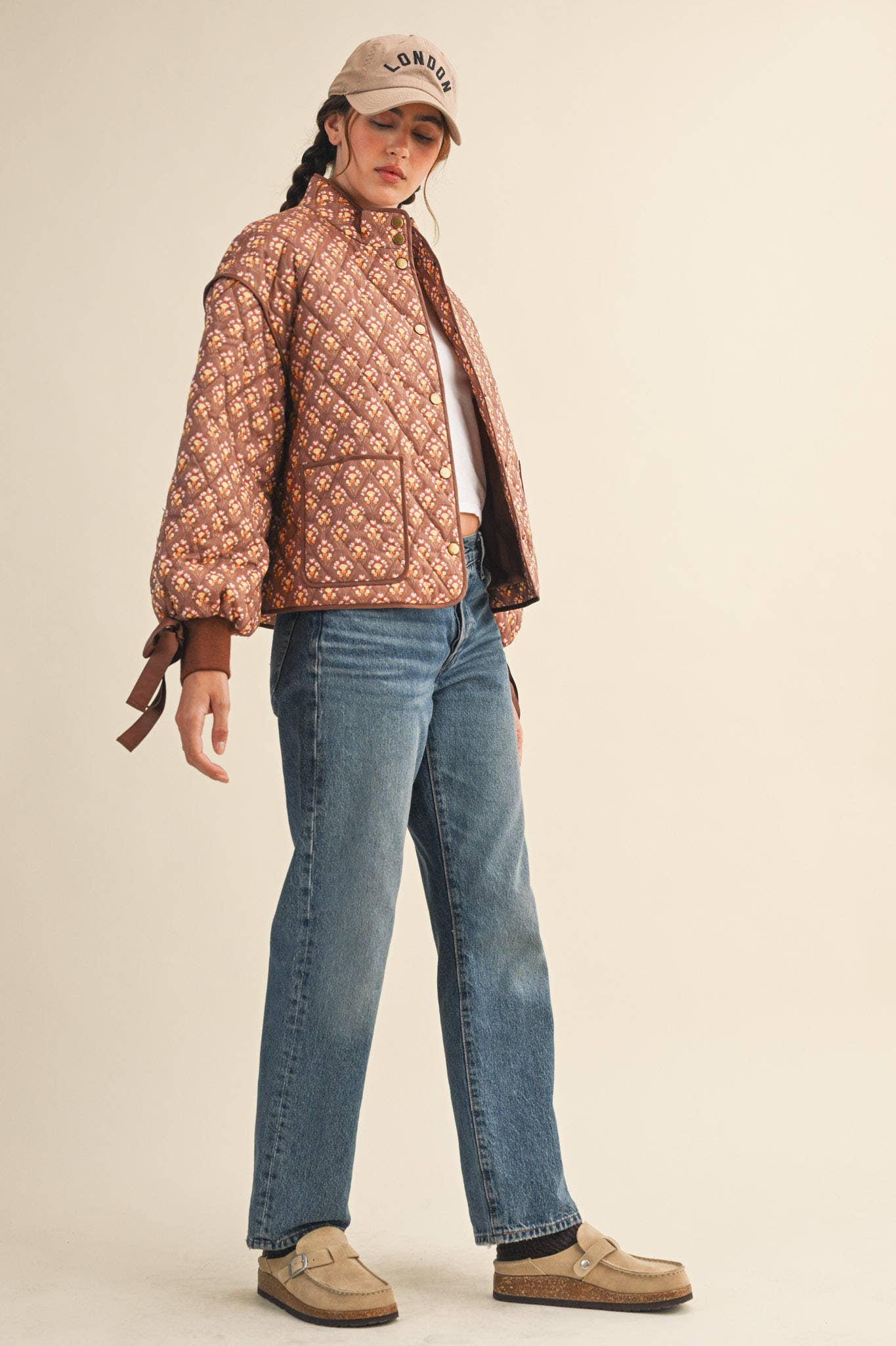 Floral Quilted Jacket Ribbon Sleeve